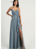 Spaghetti Straps Dusty Blue Chiffon Slit Bridesmaid Dress